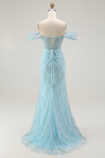 Sparkly Blue Mermaid Corset Off The Shoulder Beaded Long Formal Dress with Slit